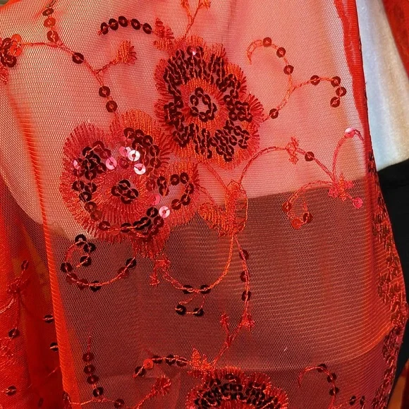 RED Glittering Sequin Fringed Evening Scarf/Shawl Wrap - Picture 5 of 5